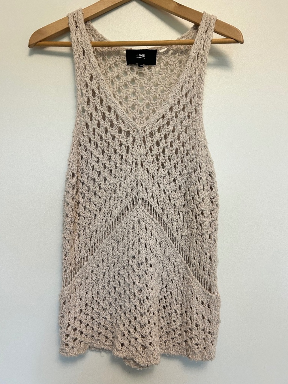 LINE Sasha Crochet Tank Top Open Knit V-neck Cotton  Boho Beige M Coastal Chic